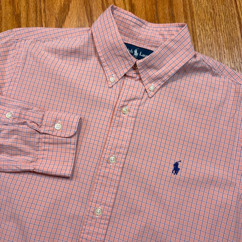 Polo Ralph Lauren Button Down Shirt Mens M Peach Blue Check Custom Fit Poplin